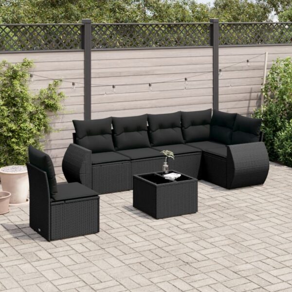 7-delige Loungeset met kussens poly rattan zwart