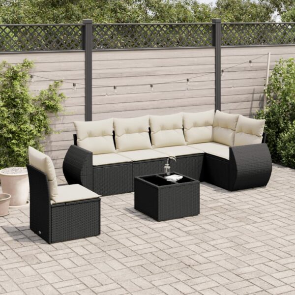 7-delige Loungeset met kussens poly rattan zwart