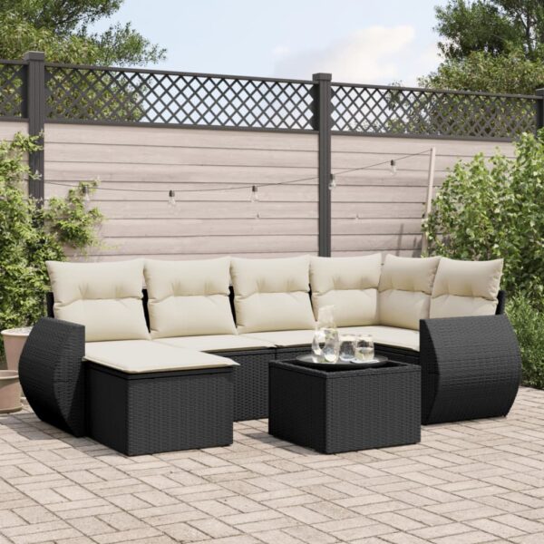 7-delige Loungeset met kussens poly rattan zwart