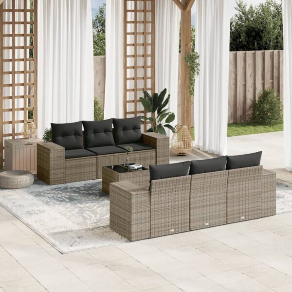 7-delige Loungeset met kussens poly rattan grijs