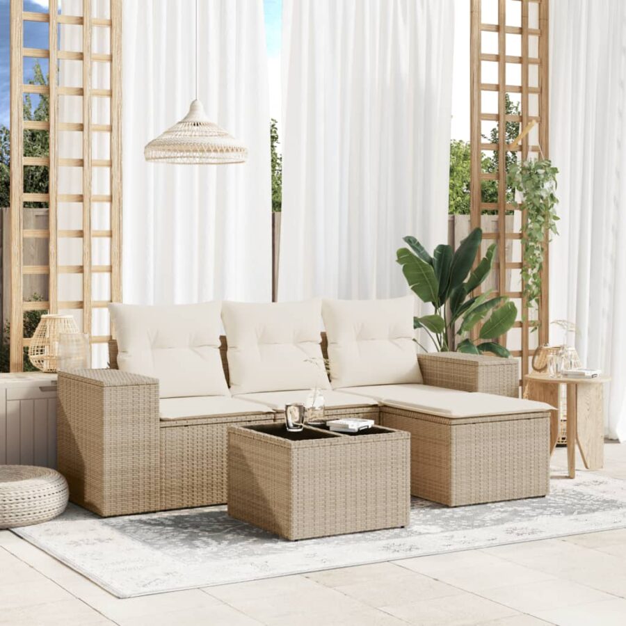 5-delige Loungeset met kussens poly rattan beige