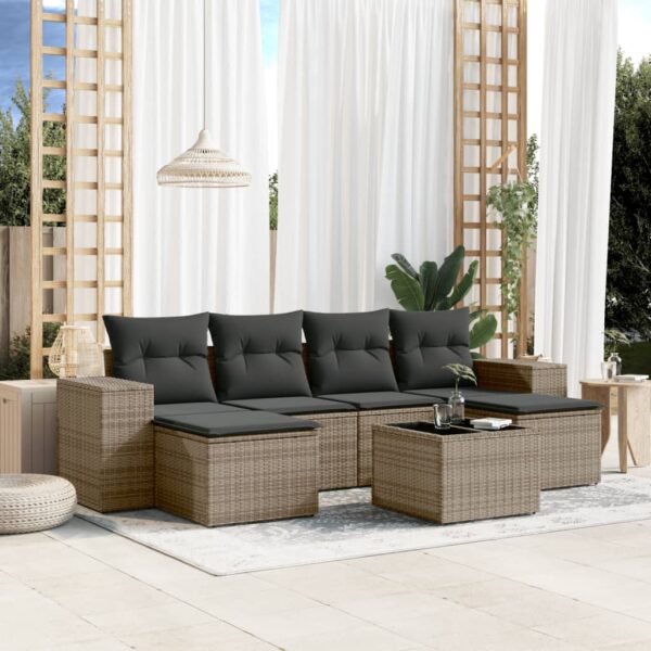 7-delige Loungeset met kussens poly rattan grijs