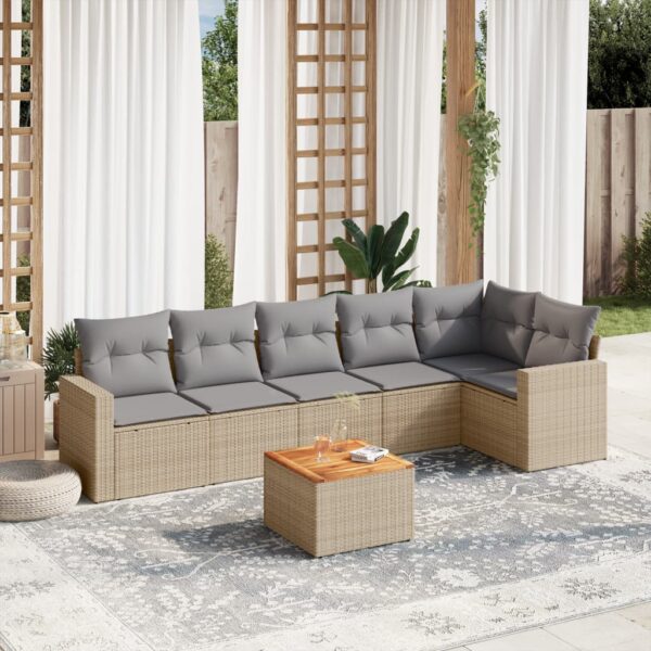 7-delige Loungeset met kussens poly rattan gemengd beige
