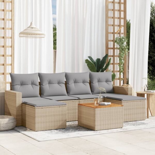 7-delige Loungeset met kussens poly rattan gemengd beige