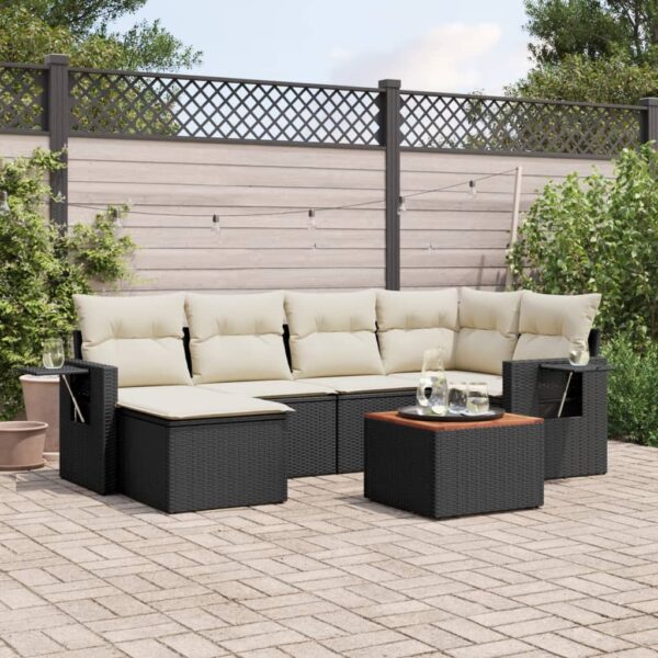 7-delige Loungeset met kussens poly rattan zwart