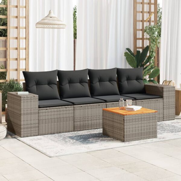 5-delige Loungeset met kussens poly rattan grijs