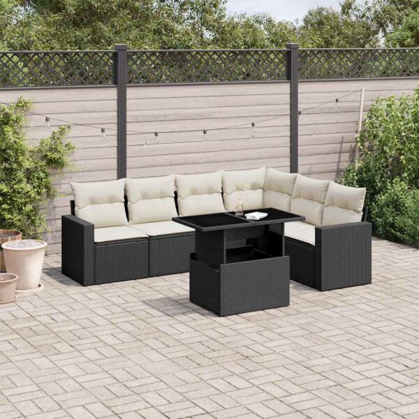7-delige Loungeset met kussens poly rattan zwart