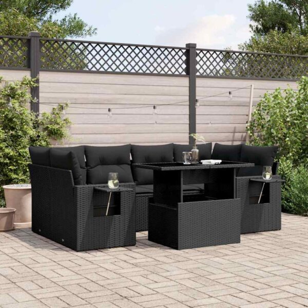 7-delige Loungeset met kussens poly rattan zwart