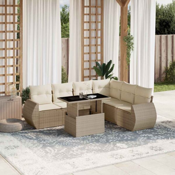 7-delige Loungeset met kussens poly rattan beige