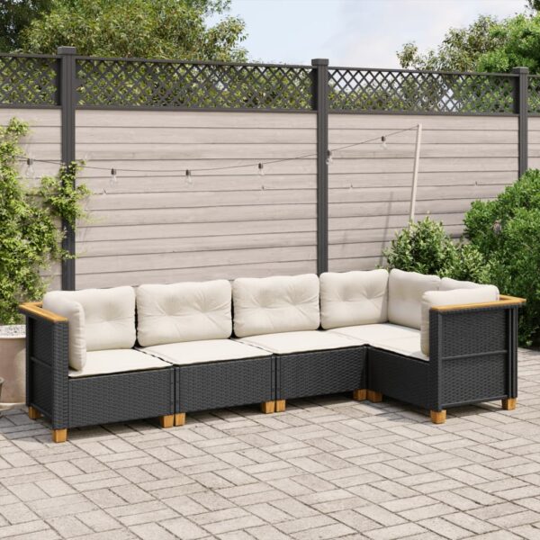 5-delige Loungeset met kussens poly rattan zwart
