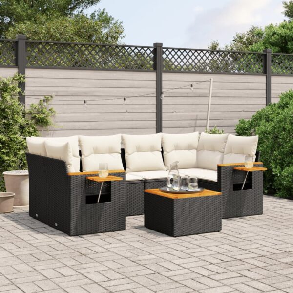 7-delige Loungeset met kussens poly rattan zwart