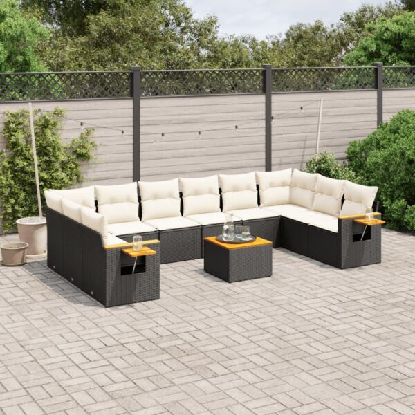 11-delige Loungeset met kussens poly rattan zwart