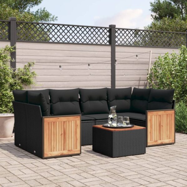 7-delige Loungeset met kussens poly rattan zwart