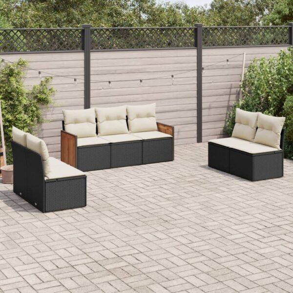 7-delige Loungeset met kussens poly rattan zwart