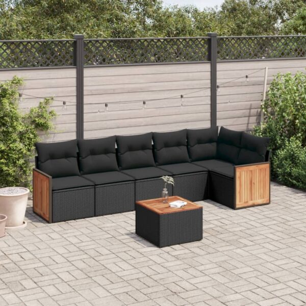 7-delige Loungeset met kussens poly rattan zwart