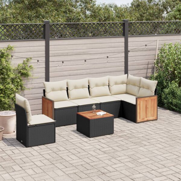 7-delige Loungeset met kussens poly rattan zwart