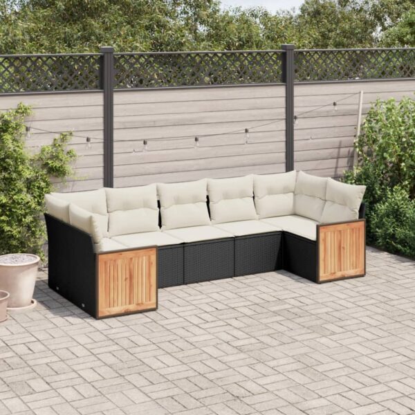 7-delige Loungeset met kussens poly rattan zwart
