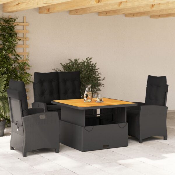 4-delige Tuinset met kussens poly rattan zwart