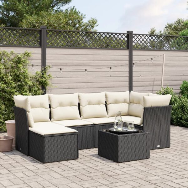 7-delige Loungeset met kussens poly rattan zwart