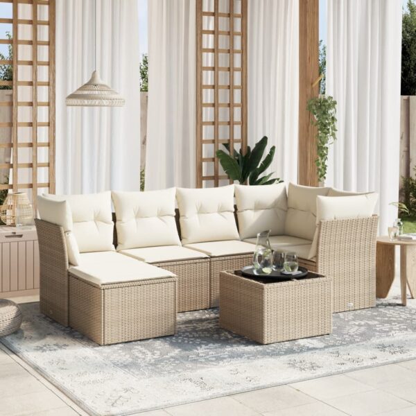 7-delige Loungeset met kussens poly rattan beige