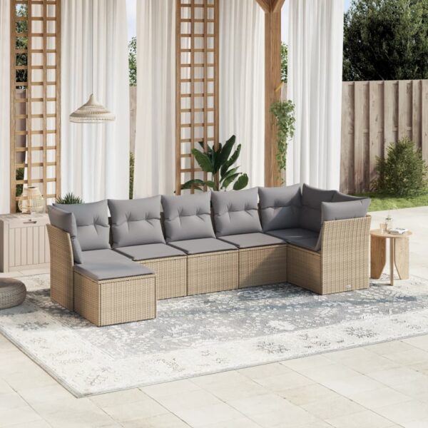 7-delige Loungeset met kussens poly rattan gemengd beige