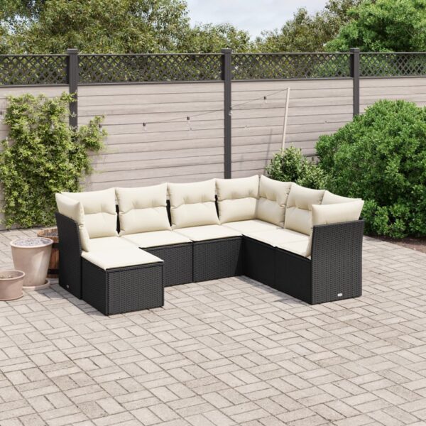 7-delige Loungeset met kussens poly rattan zwart