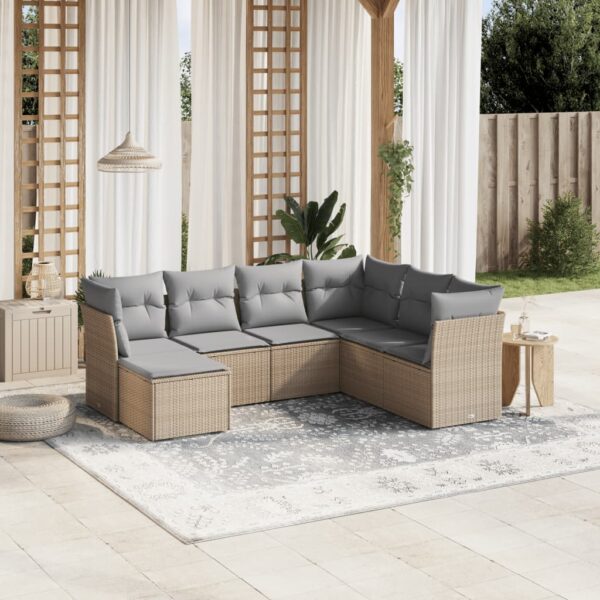 7-delige Loungeset met kussens poly rattan gemengd beige