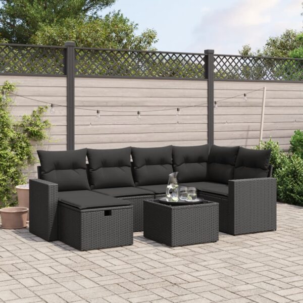 7-delige Loungeset met kussens poly rattan zwart