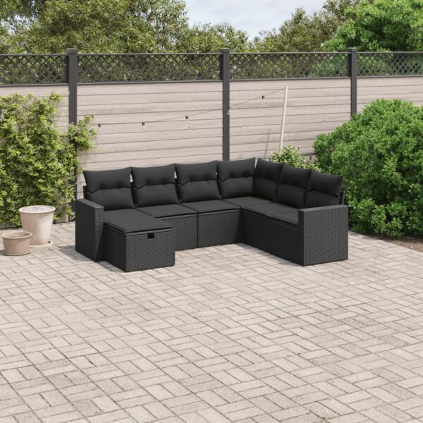 7-delige Loungeset met kussens poly rattan zwart