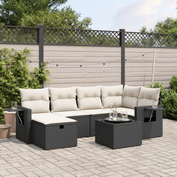 7-delige Loungeset met kussens poly rattan zwart