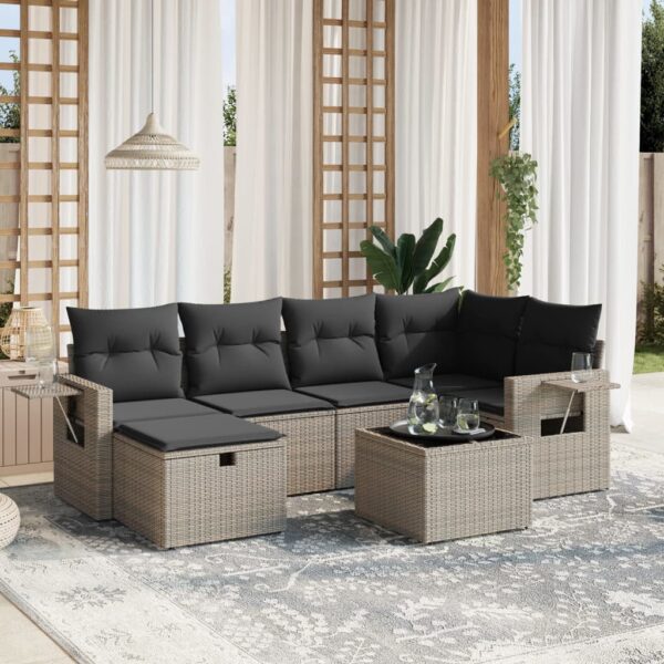 7-delige Loungeset met kussens poly rattan grijs