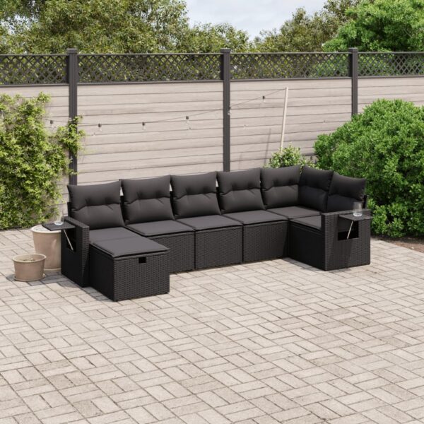 7-delige Loungeset met kussens poly rattan zwart