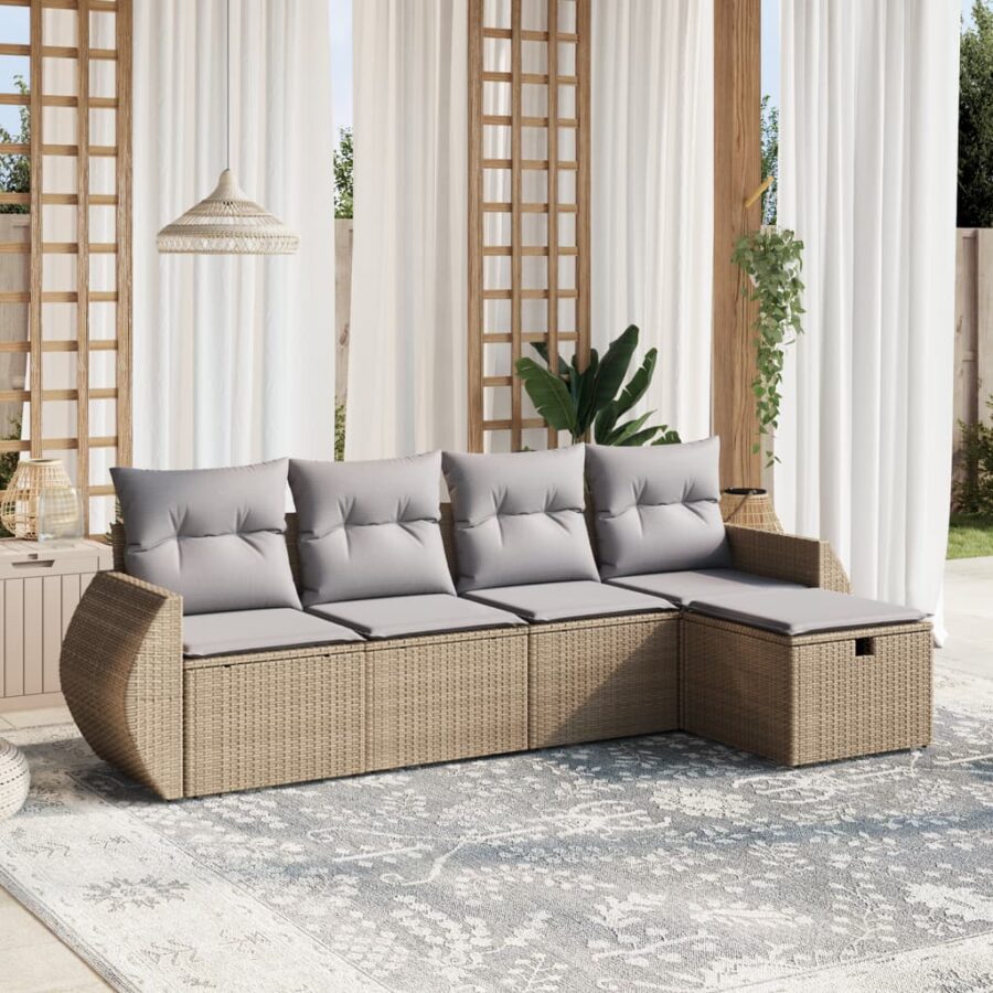 5-delige Loungeset met kussens poly rattan gemengd beige