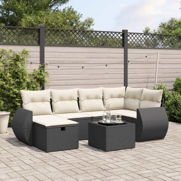 7-delige Loungeset met kussens poly rattan zwart