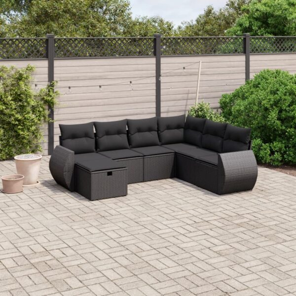 7-delige Loungeset met kussens poly rattan zwart