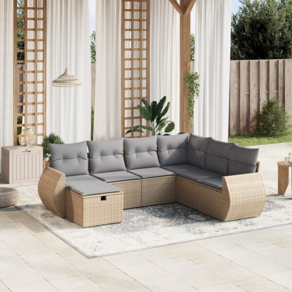 7-delige Loungeset met kussens poly rattan gemengd beige