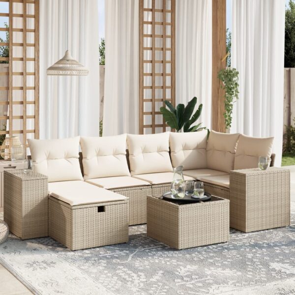 7-delige Loungeset met kussens poly rattan beige