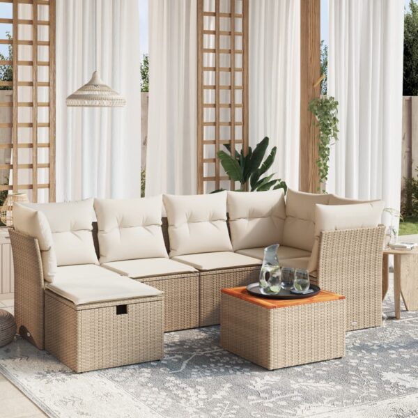 7-delige Loungeset met kussens poly rattan beige