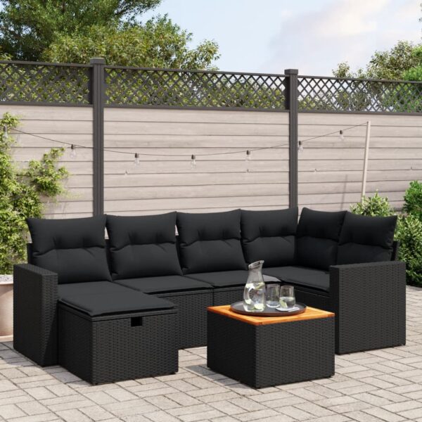 7-delige Loungeset met kussens poly rattan zwart