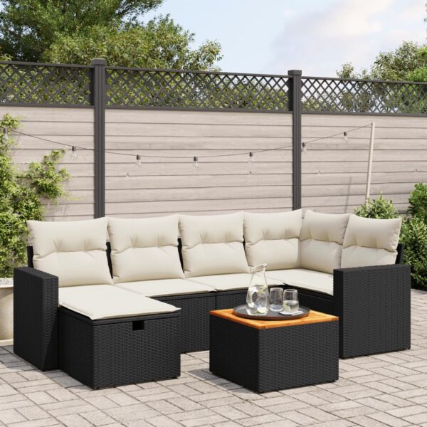 7-delige Loungeset met kussens poly rattan zwart