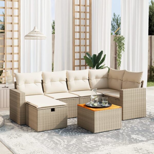 7-delige Loungeset met kussens poly rattan beige