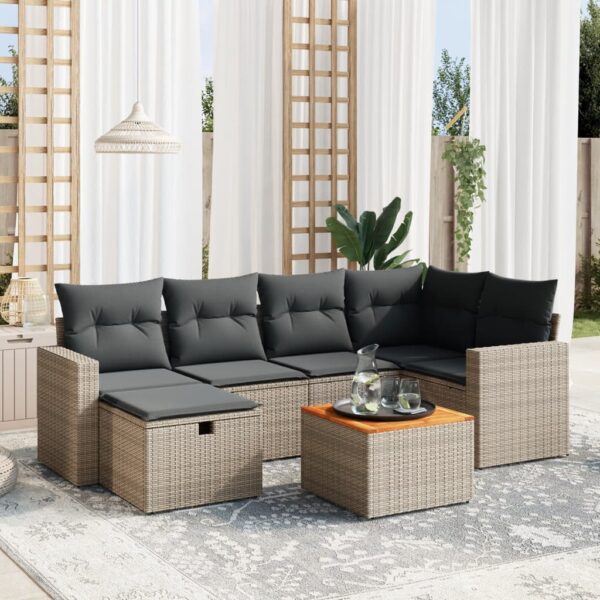 7-delige Loungeset met kussens poly rattan grijs