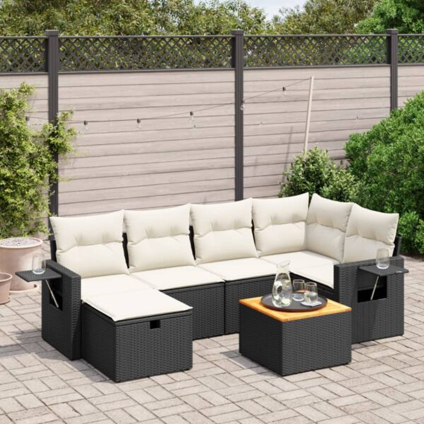 7-delige Loungeset met kussens poly rattan zwart