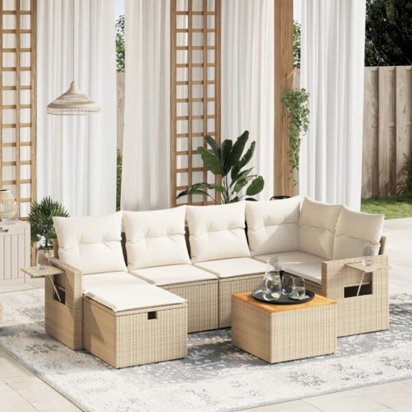 7-delige Loungeset met kussens poly rattan beige