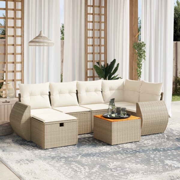 7-delige Loungeset met kussens poly rattan beige