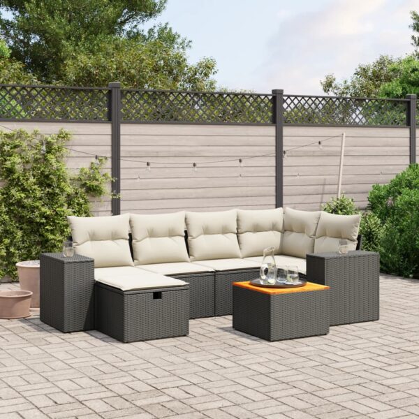 7-delige Loungeset met kussens poly rattan zwart