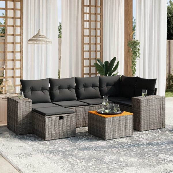 7-delige Loungeset met kussens poly rattan grijs