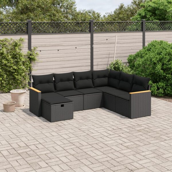 7-delige Loungeset met kussens poly rattan zwart