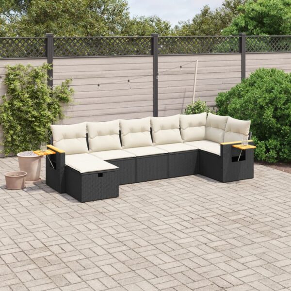 7-delige Loungeset met kussens poly rattan zwart