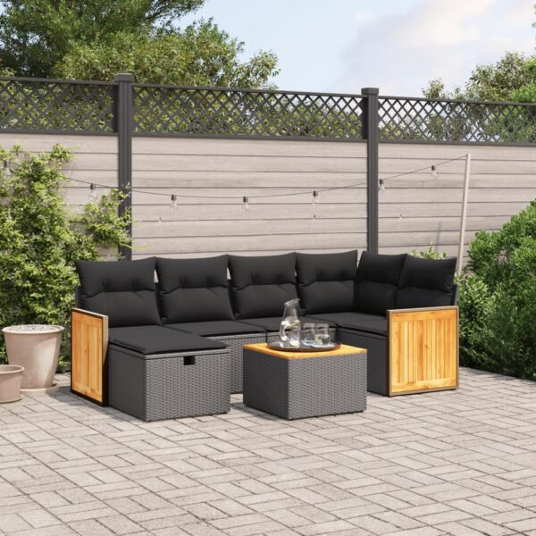 7-delige Loungeset met kussens poly rattan zwart
